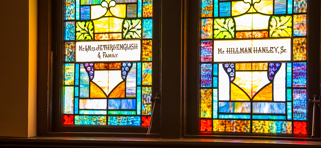 Stained-glass windows inside the Ebenezer Baptist Church.
